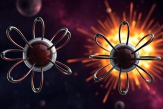 An illustration of two unstable atoms with a neutron star explosion in the background, showcasing the rewriting of the explosion's dynamics.