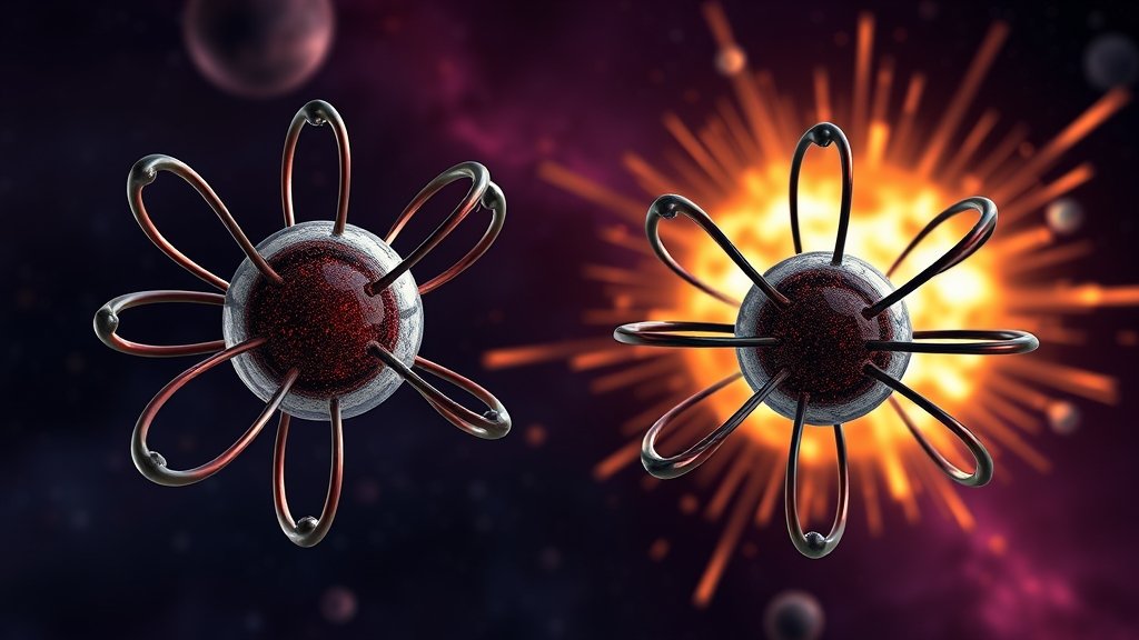 An illustration of two unstable atoms with a neutron star explosion in the background, showcasing the rewriting of the explosion's dynamics.