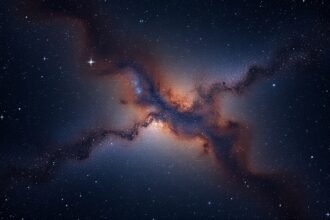 A high-resolution image of the Milky Way galaxy with a faded background of stars and galaxies, highlighting the turbulent regions and star-forming areas, with a subtle hint of the Webb telescope in the corner.