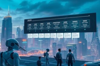 A futuristic cityscape with robots and humans coexisting, with a large screen display showing a timeline of technological advancements from 2020 to 2050.