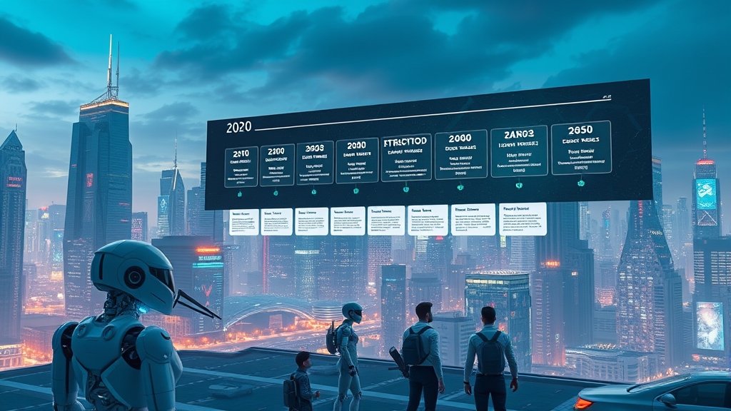 A futuristic cityscape with robots and humans coexisting, with a large screen display showing a timeline of technological advancements from 2020 to 2050.