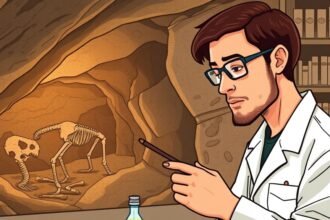 An illustration of a researcher in a lab studying the DNA of an ancient Denisovan, with a background of a cave or a fossil site, highlighting the connection between ancient humans and modern genetic research.