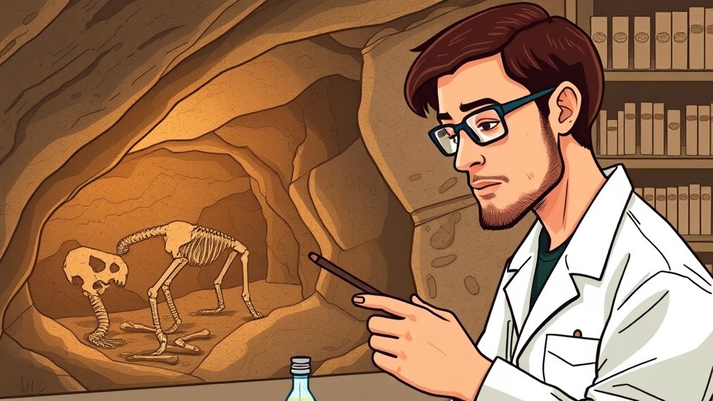 An illustration of a researcher in a lab studying the DNA of an ancient Denisovan, with a background of a cave or a fossil site, highlighting the connection between ancient humans and modern genetic research.
