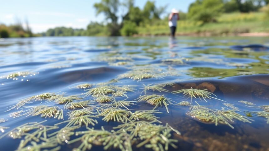 A serene river landscape with visible filamentous algae growth, with a researcher in the background collecting water samples.