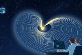 An illustration of gravitational waves propagating through space, with a subtle background of stars and galaxies, and a few scientists in the foreground studying the waves on a computer screen.