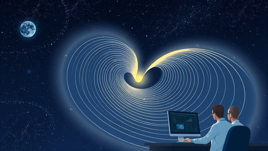 An illustration of gravitational waves propagating through space, with a subtle background of stars and galaxies, and a few scientists in the foreground studying the waves on a computer screen.
