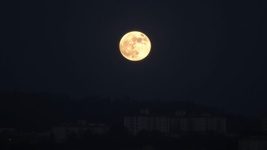 A high-quality image of the Wolf Moon supermoon rising over a cityscape or a natural landscape, with a clear view of the full moon and its surrounding environment.