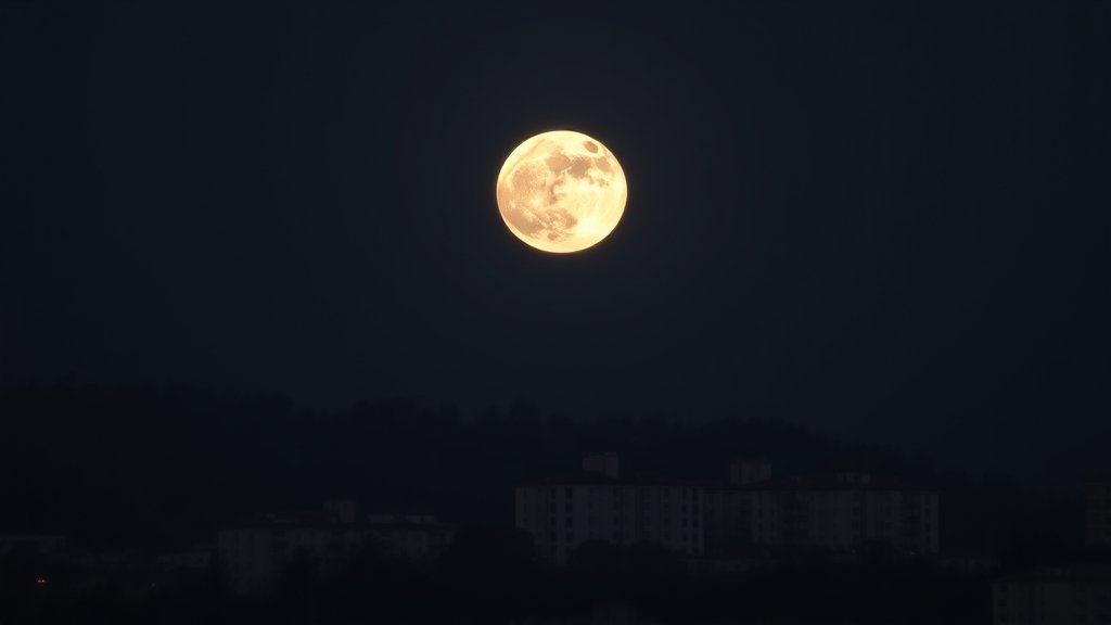 A high-quality image of the Wolf Moon supermoon rising over a cityscape or a natural landscape, with a clear view of the full moon and its surrounding environment.