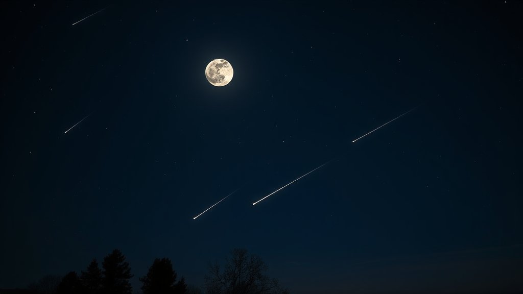 A high-resolution image of a night sky with a full moon and meteors streaking across the horizon, with a few trees or a landscape in the foreground to provide context.