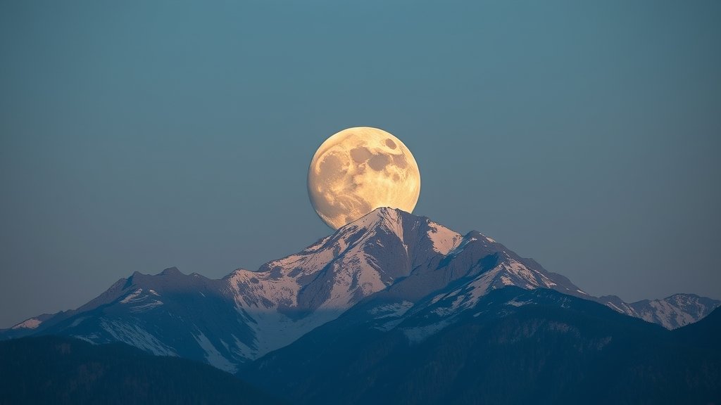 A high-resolution image of a full moon rising over a mountain range with a subtle lunar eclipse visible in the background