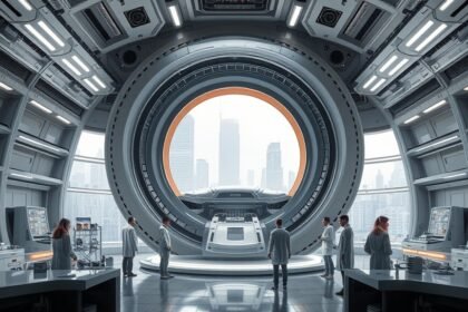 A futuristic laboratory with a large hypergravity machine in the center, surrounded by scientists in white coats, with a cityscape in the background.