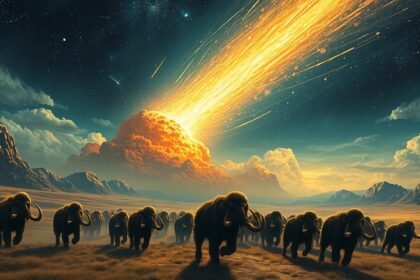 An illustration of a massive comet exploding in the sky with a herd of mammoths running in the foreground, set against a backdrop of a ancient landscape.