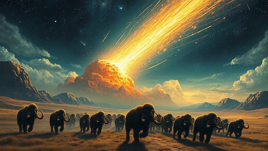 An illustration of a massive comet exploding in the sky with a herd of mammoths running in the foreground, set against a backdrop of a ancient landscape.
