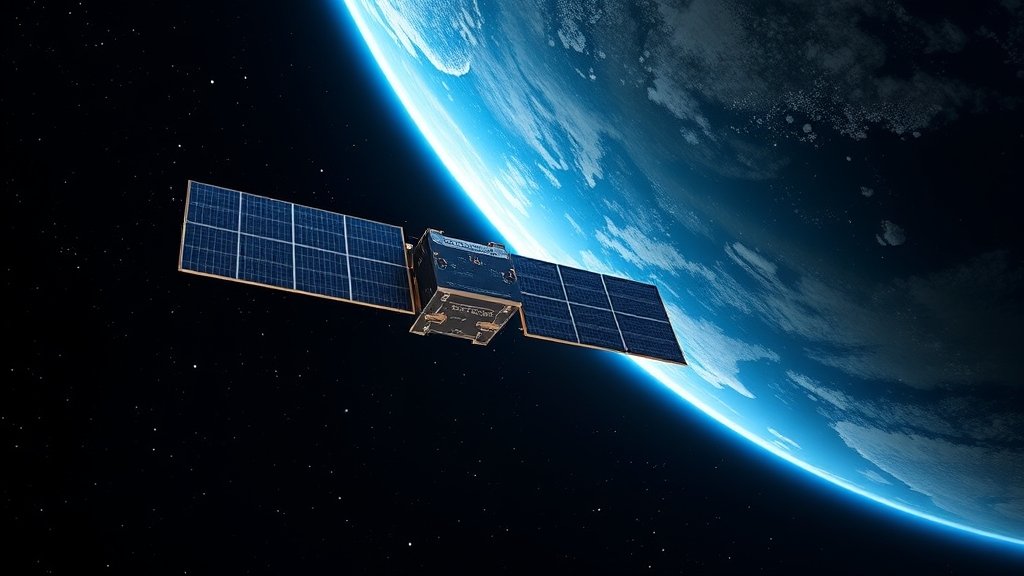 An illustration of the COSMO-SkyMed second-generation satellite in orbit around the Earth, with a background of stars and a subtle glow of the Earth's atmosphere, highlighting the satellite's advanced radar technology and its significance in earth observation and space exploration.