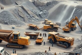 A photo of a large mining operation in India with a mix of heavy machinery and workers, highlighting the scale and complexity of the industry.