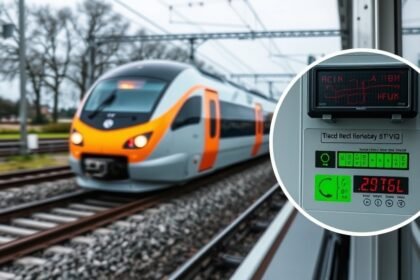 A high-speed train moving on a railway track with a close-up of a track defect detection system installed on the train