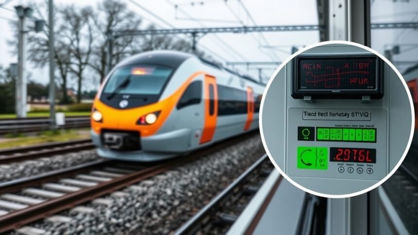 A high-speed train moving on a railway track with a close-up of a track defect detection system installed on the train