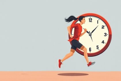 An illustration of a person running with a clock in the background, symbolizing the passage of time and its effects on human fitness