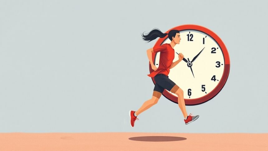 An illustration of a person running with a clock in the background, symbolizing the passage of time and its effects on human fitness