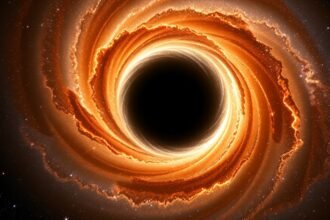 A stunning astronomical image of a black hole at the center of a galaxy, with stars and gas swirling around it, captured by the James Webb Space Telescope.