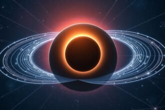 An illustration of a black hole with quantum entanglement waves surrounding it, in a deep space background with stars and galaxies.