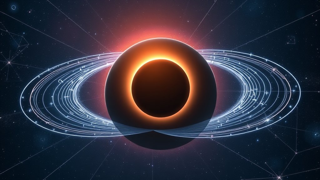 An illustration of a black hole with quantum entanglement waves surrounding it, in a deep space background with stars and galaxies.