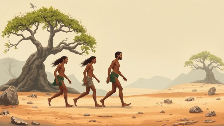 An illustration of early human ancestors walking on two feet in a prehistoric landscape with a subtle background of fossils and ancient trees