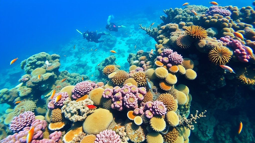 A vibrant coral reef with a variety of marine life, including fish and other organisms, surrounded by clear blue water with a few snorkelers or scuba divers in the background, highlighting the beauty and importance of these ecosystems.