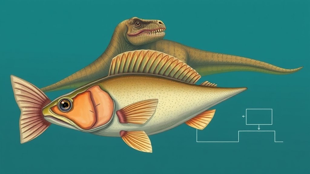 An illustration of an ancient fish with a dinosaur in the background, with a subtle hint of a family tree connecting them.
