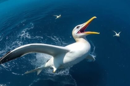 A dramatic image of a shark attacking an albatross in the ocean near Hawai'i, with other apex predators fleeing in the background.