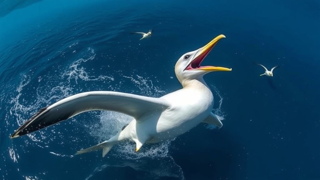 A dramatic image of a shark attacking an albatross in the ocean near Hawai'i, with other apex predators fleeing in the background.