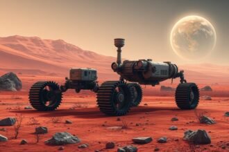 A futuristic illustration of the Perseverance rover exploring the Martian surface with a subtle hint of microbial life in the background, incorporating elements of Mars' rusty red landscape and a distant, glowing Earth.