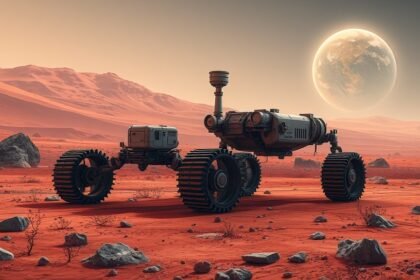 A futuristic illustration of the Perseverance rover exploring the Martian surface with a subtle hint of microbial life in the background, incorporating elements of Mars' rusty red landscape and a distant, glowing Earth.