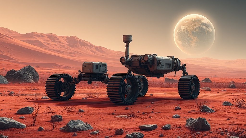 A futuristic illustration of the Perseverance rover exploring the Martian surface with a subtle hint of microbial life in the background, incorporating elements of Mars' rusty red landscape and a distant, glowing Earth.