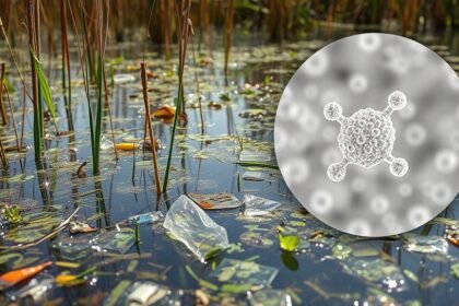 An image of a wetland with plastic pollution, with a microscope view of nanoplastics in the background
