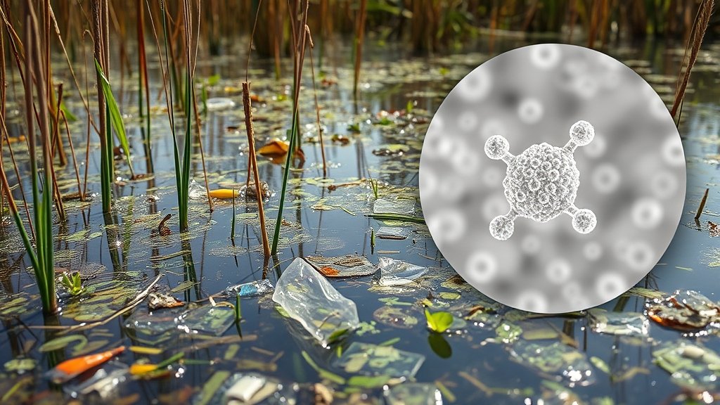 An image of a wetland with plastic pollution, with a microscope view of nanoplastics in the background