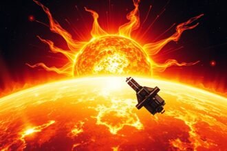 An illustration of a solar flare with a spacecraft in the background, capturing the dynamic movement of the sun's corona, with vibrant colors and detailed textures.