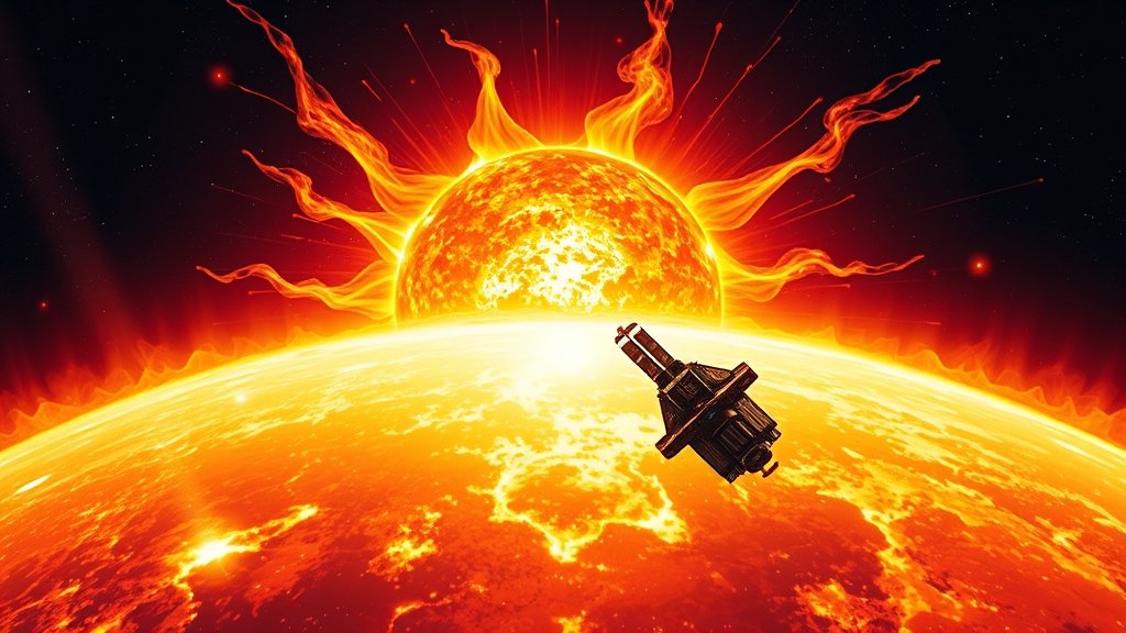 An illustration of a solar flare with a spacecraft in the background, capturing the dynamic movement of the sun's corona, with vibrant colors and detailed textures.