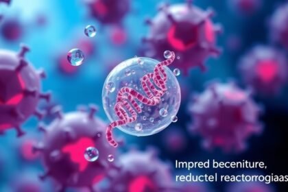 A microscopic illustration of zwitterionic lipids surrounding mRNA, with a background of cancer cells being targeted by the vaccine, highlighting the improved efficacy and reduced reactogenicity.