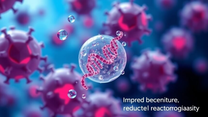 A microscopic illustration of zwitterionic lipids surrounding mRNA, with a background of cancer cells being targeted by the vaccine, highlighting the improved efficacy and reduced reactogenicity.