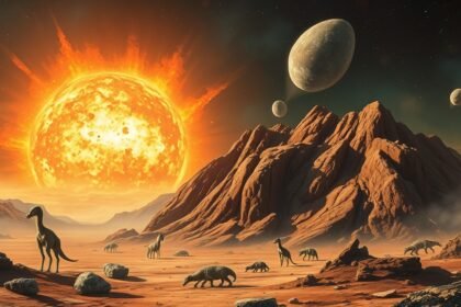 A dramatic illustration of the ancient African bedrock with a massive asteroid impact in the background, surrounded by early life forms and a turbulent atmosphere.