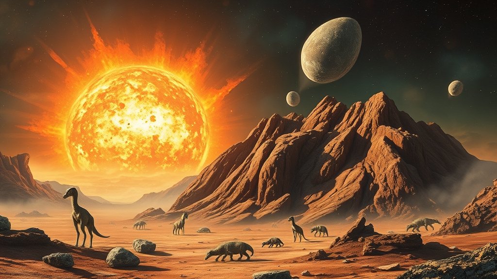 A dramatic illustration of the ancient African bedrock with a massive asteroid impact in the background, surrounded by early life forms and a turbulent atmosphere.