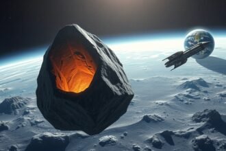 An illustration of an asteroid with a spaceship extracting resources in the background, with a subtle Earth view in the distance to emphasize the potential of asteroid mining for our planet's future.