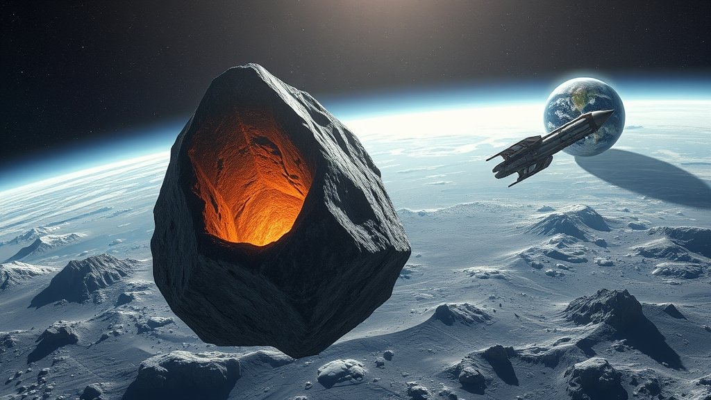 An illustration of an asteroid with a spaceship extracting resources in the background, with a subtle Earth view in the distance to emphasize the potential of asteroid mining for our planet's future.