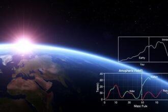 An illustration of the Earth without a magnetic field, with the ionosphere emitting radiation into space, and a graph showing the atmospheric mass flux in the background.