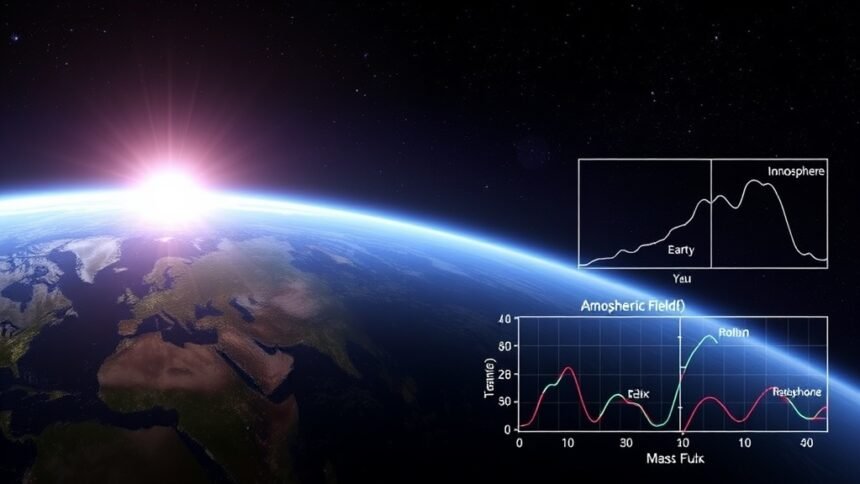 An illustration of the Earth without a magnetic field, with the ionosphere emitting radiation into space, and a graph showing the atmospheric mass flux in the background.
