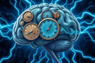 A surreal illustration of the human brain with clockwork mechanisms and glowing blue lines representing the hidden timing system that influences our thoughts and actions.