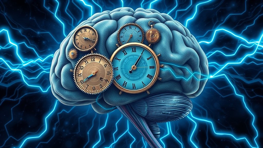 A surreal illustration of the human brain with clockwork mechanisms and glowing blue lines representing the hidden timing system that influences our thoughts and actions.