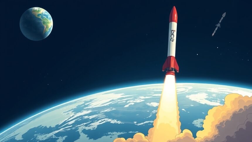 An illustration of a SpaceX rocket launching into space, with the Earth in the background, and a subtle hint of the Chinese space program's presence, such as a small Chinese rocket or a satellite in the distance.