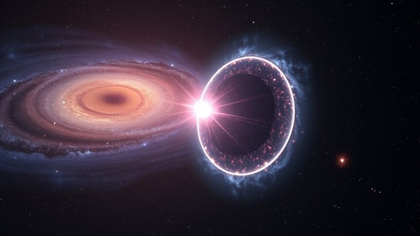 An illustration of a distant supernova being magnified by the gravitational lensing effect of a foreground galaxy, with a subtle glow and stars in the background.